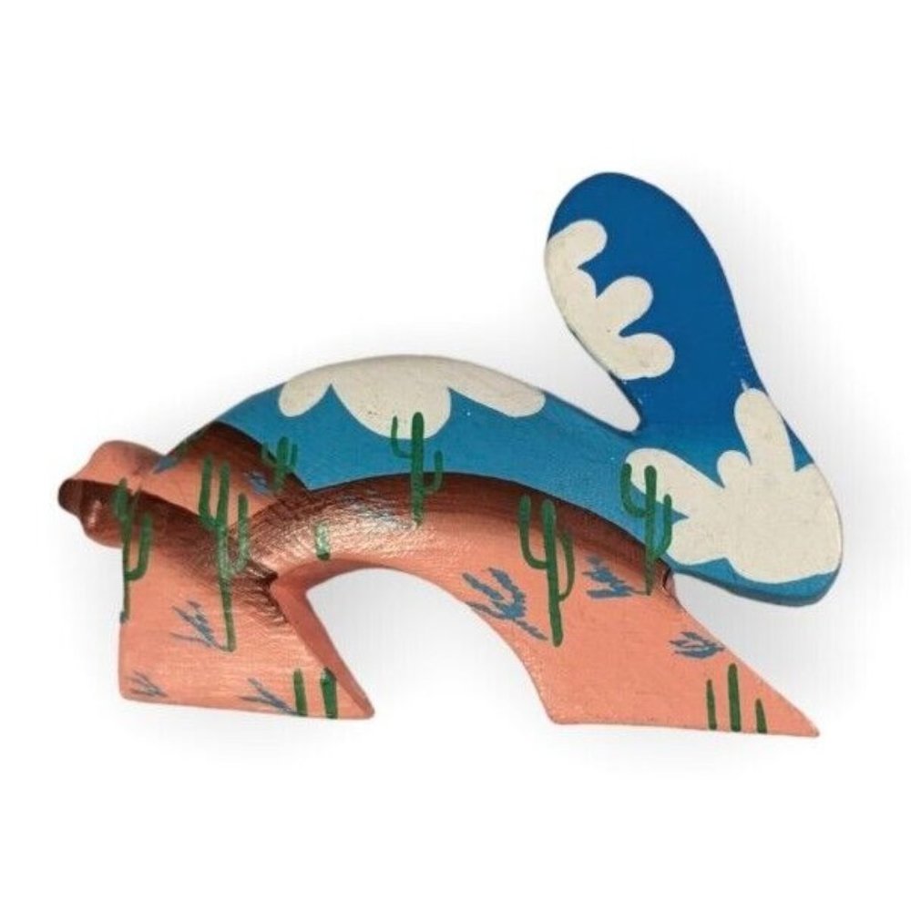 Wooden Pin Rabbit Southwestern Bunny Brooch Cactus Hand Painted Clouds Artist